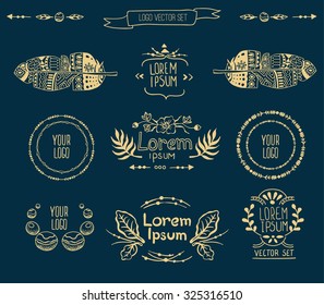 Vector set of floral logo design template, logo branch with ethnic elements and feathers for the invitation, event, wedding (save date), hand drawn sketches. ornament 