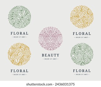 Vector set of floral monogram swirl logos. Vintage flower emblems, wedding design, eco, spa circle patterns, flourish plant badge.