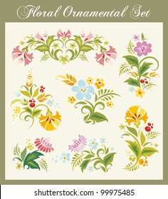 Vector set of floral ornaments in Russian traditional style.