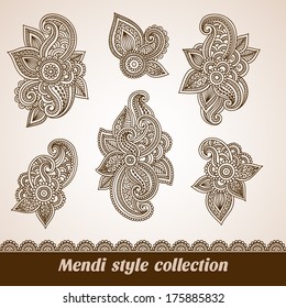 Vector set of floral pattern elements, indian ornament, henna style