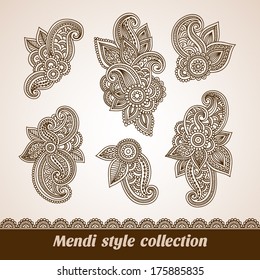 Vector set of floral pattern elements, indian ornament, henna style