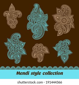 Vector set of floral pattern elements, indian ornament, henna style