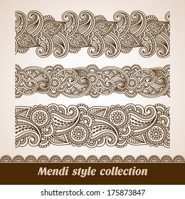 Vector set of floral pattern seamless borders, indian ornament, henna style