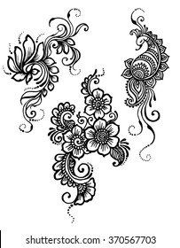 Vector Set Of Floral, Peacock Mehndi Design 