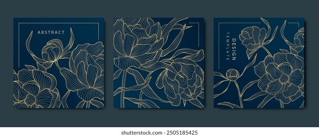 Vector set of floral, peony gold patterns, luxury leaf, flower cards, square line plant vintage ornament. 