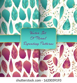Vector set of floral repeating patterns. Seamless textures made of green, purple and golden leaves and berries on white background. Spring wallpapers.