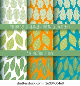 Vector set of floral repeating patterns. Seamless botanical textures made of green leaves on white, orange and teal blue backgrounds. Collection of spring wallpapers.