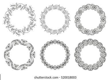 Vector set of floral round elements for ethnic decor. Detailed decorative motifs.