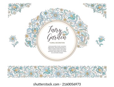 Vector set floral round frame, vignette, border, card design template. Elements in Eastern style. Floral borders, flower ethnic illustration. Indian ornaments. Isolated ornament. Ornamental decor