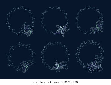 Vector set of floral round frames for your design with place for your text. In light yellow and purple colors.
