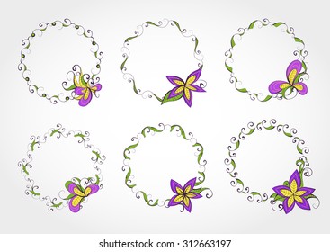Vector set of floral round frames for your design with place for your text. In green, violet and yellow colors. 