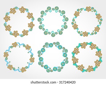 Vector set of floral round frames for your design with place for your text. In light  blue, light green and beige colors.
