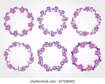 Vector set of floral round frames for your design with place for your text. In violet  colors.
