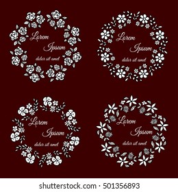 Vector set of floral round frames  for your design. Dark version. Doodle. Hand drawn flowers.