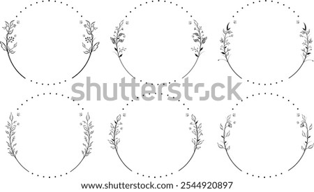 Vector set of floral round wreath for wedding, invitation card, engraving and banner