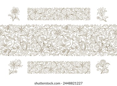 Vector set with floral seamless frame, borders, card design template. Birds, flowers. Element, pattern in Oriental style. Floral linear border, premade card. Arabic ornament. Isolated ornaments. 