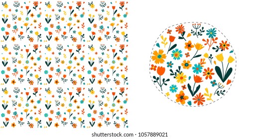 Vector set, floral seamless pattern and flower illustration. Cute and nice flowers collection for card, textile, paper design.