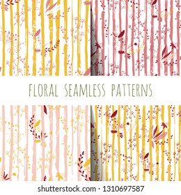 Vector set of floral seamless pattern. Ink lines and colorful flowers. Hand drawn style.