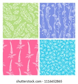 Vector set of floral seamless patterns. Forget-me-not and agrimony linear boundless backgrounds. White outline tiny flowers and leaves on colored backgroud. Tileable design elements.