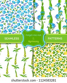 Vector set of floral seamless patterns. Forget-me-nots and agrimony boundless backgrounds. Yellow, blue and violet tiny flowers and bright green leaves. Tileable design elements.