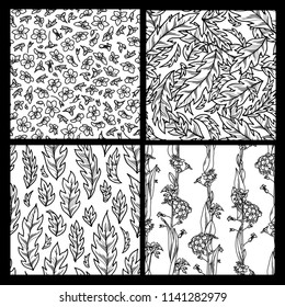 Vector set of floral seamless patterns. Forget-me-nots and pinnate leaves boundless backgrounds. Black linear tiny flowers and leaves on white background. Tileable design elements.