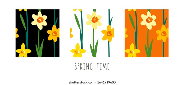 Vector set of floral seamless patterns with yellow daffodils isolated on white black and orange background. Endless texture. Bright fabric print for greeting card template. Lettering. Spring time
