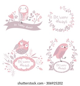 Vector set of floral stickers with owls
