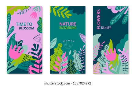 Vector set of floral summer, spring backgrounds. Trendy flat style vibrant banners, posters, cover design templates with spring leaves and flowers. Beauty, spa, cosmetics, wellness