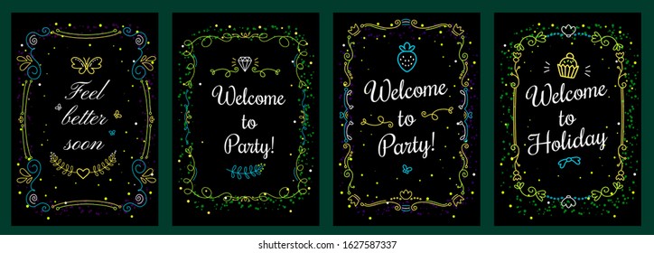 Vector set of floral template illustration with curly green color frame and inscription on black background. Thin line art style romantic decorative design for romantic card, wedding invitation