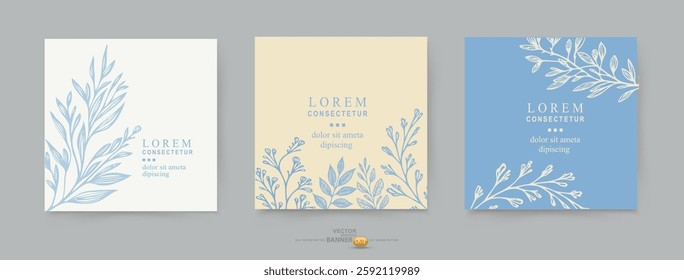 Vector set. Floral vintage background in blue tones pastel colors. Cute Elements for Easter Cards. Template for design, advertising, postcard, invitation, label, banner.