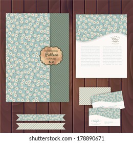 Vector set of floral vintage wedding cards on wood texture, invitations. Envelope, card, banner. Marriage event. Seamless pattern is masked, complete. Tileable floral texture. Daisy. Stripes pattern