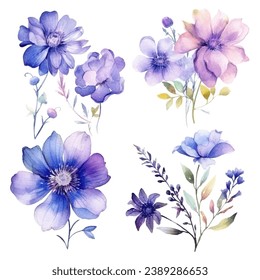 vector set of floral watercolor, blue and purple flowers