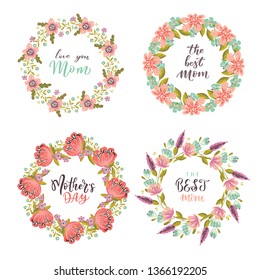 Vector set of floral wreath with Handwritten modern brush calligraphy  isolated on white background.  Happy Mothers day greeting card, invitation.