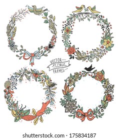vector set of of floral wreathes with birds, animals and blooming flowers