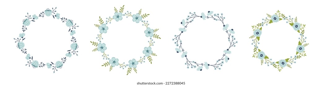 Vector set of floral wreaths in flat design. Collection of text templates with spring plants in blue colors. Flower round frames copy space. Flower wreaths for greeting cards and invitations.
