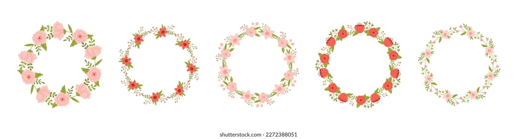 Vector set of floral wreaths in flat design. Collection of text templates with spring plants in pink and red colors. Flower round frames copy space. Flower wreaths for greeting cards and invitations.