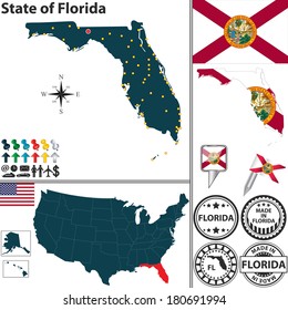 Vector set of Florida state with flag and icons on white background