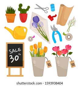 Vector set of florist equipment. Flower shop concept.
