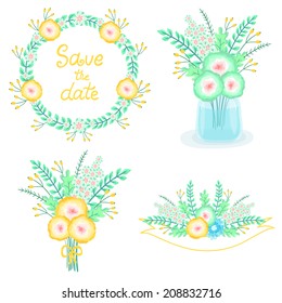 Vector set of the flower arrangements: wreath, bouquet, vignette with ribbon, glass jar with flowers. Floral romantic collection. Wedding design.