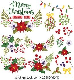 A Vector Set of Flower Assembled in Beautiful Christmas Wreath 