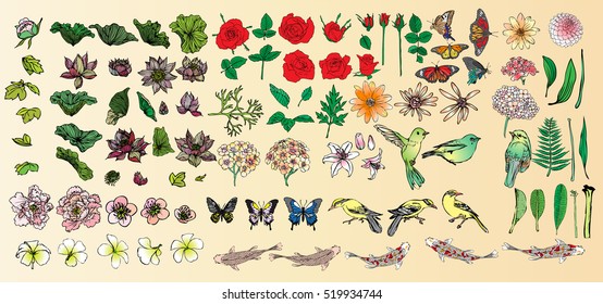 Vector set flower with birds and butterflies,greeting card garden, invitation card for wedding, vintage flowers composition. decorative background and text, vector illustration EPS10.
