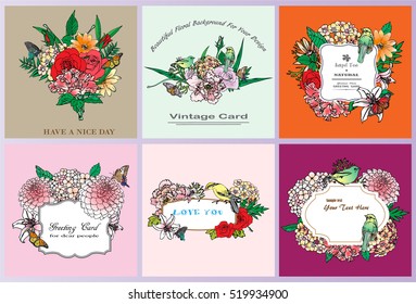 Vector set flower with birds and butterflies,greeting card garden, invitation card for wedding, vintage flowers composition. decorative background and text, vector illustration EPS10.