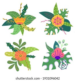 Vector set of flower bouquets for the design of postcards, posters, greeting cards, wedding invitations, banners. Bright exotic botanical compositions.Fantasy tropical bouquets.