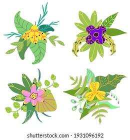 Vector set of flower bouquets for the design of postcards, posters, greeting cards, wedding invitations, banners. Bright exotic botanical compositions.Fantasy tropical bouquets.