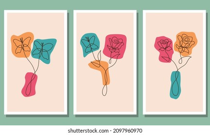Vector set of flower and butterfly wall art. one-line art illustration. The abstract design is suitable for screen printing, cover, wallpaper, and wall decoration. 