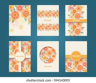 Vector set of flower design template. Color seamless pattern. Summery background with blooming chrysanthemums. Abstract ornamental illustration for wrapping, print, web.