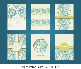 Vector set of flower design template. Color seamless pattern. Summery background with blooming chrysanthemums. Abstract ornamental illustration for wrapping, print, web.