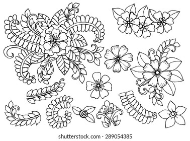 Vector set of flower doodle. Black and white design elements