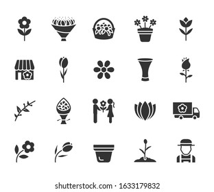 Vector set of flower flat icons. Contains icons of bouquet, flower shop, tulips, rose, flower basket, vase, gardener and more. Pixel perfect.