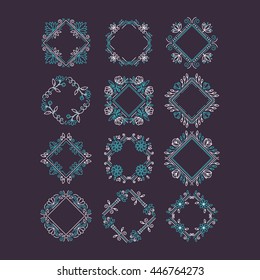 Vector set of flower frames logo design. Monograms and emblems  in trendy liner style isolated on background. Floral and nature motifs. Perfect for flower shop, nature cosmetics, jewelry shop.